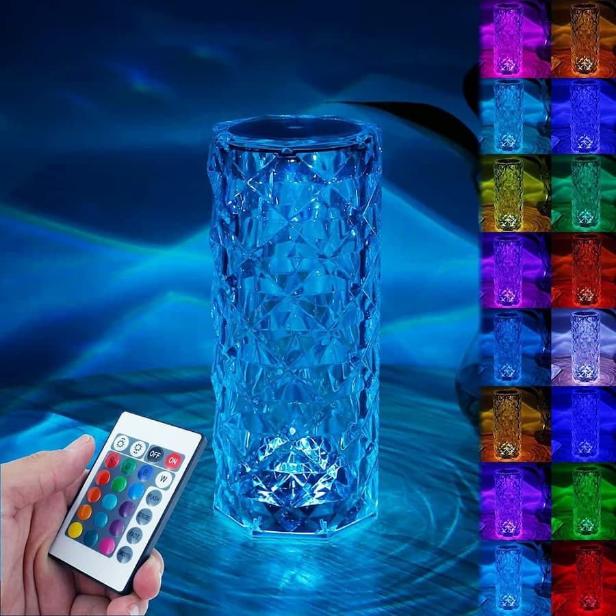 Crystal Diamond Table Lamp with Remote, 16 Color Changing Touch Lamp USB Rechargeable Romantic Rose Diamond Table Lamps, Remote Touch Creative Lights for Bedroom Living Room Party Dinner Decor